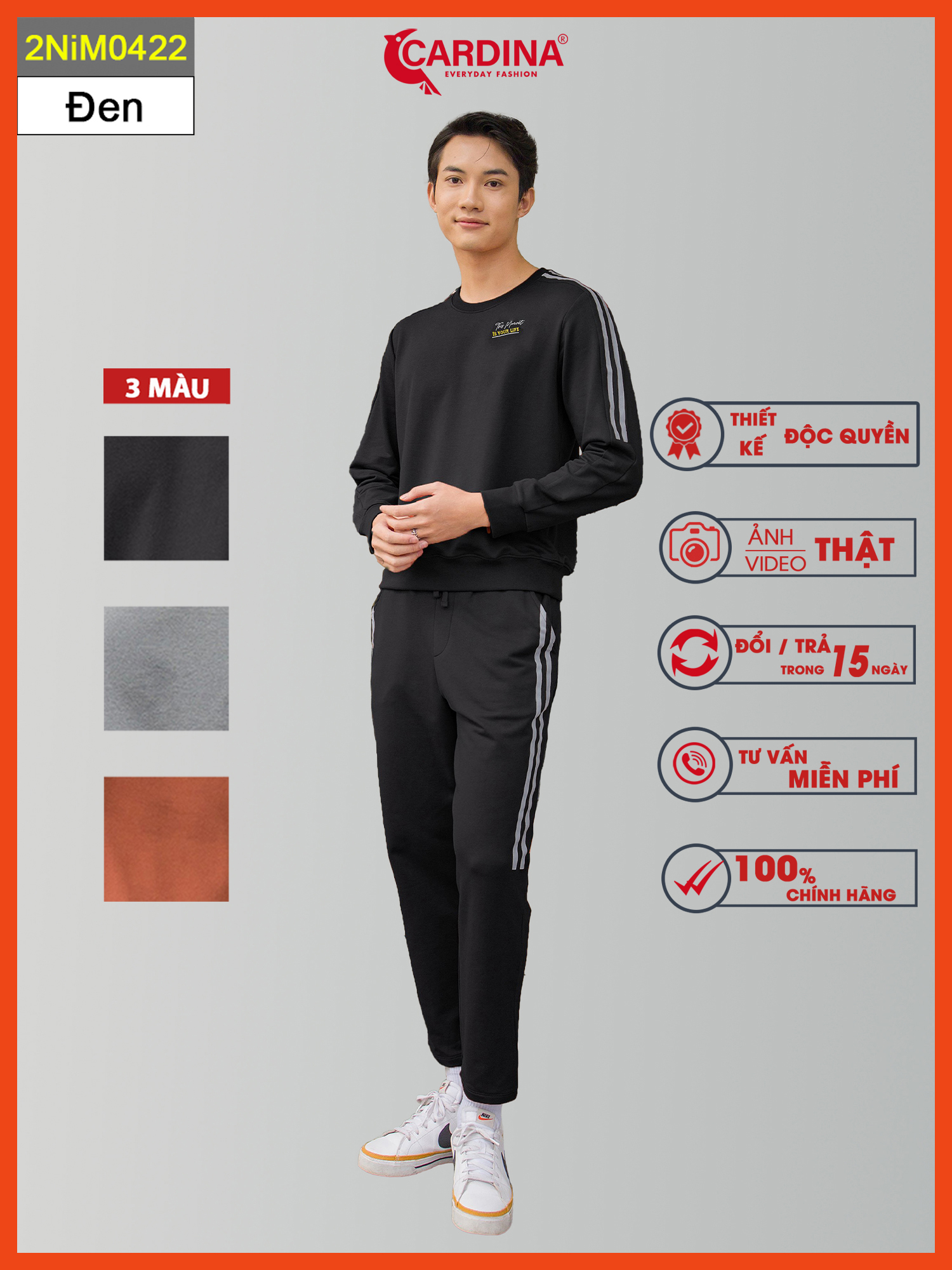 Đồ Bộ Nam CARDINA Chất Nỉ Da Cá Cao cấp Kiểu Dáng Sọc Thể Thao Năng Động