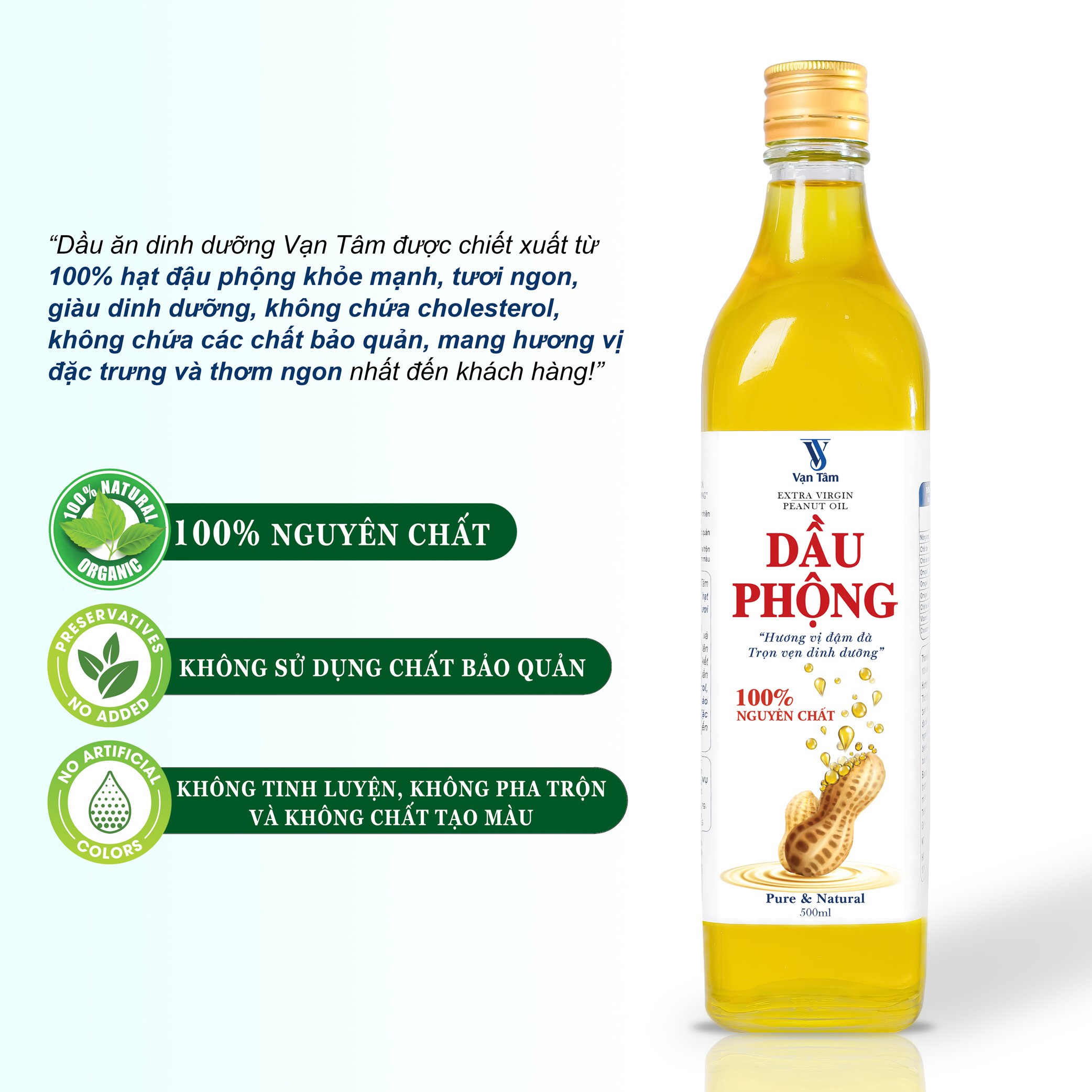 Dầu Phộng Organic ép nguyên chất không pha trộn, không phẩm màu, không chất bảo quản, chay mặn dùng được, chai thủy tinh 500ml