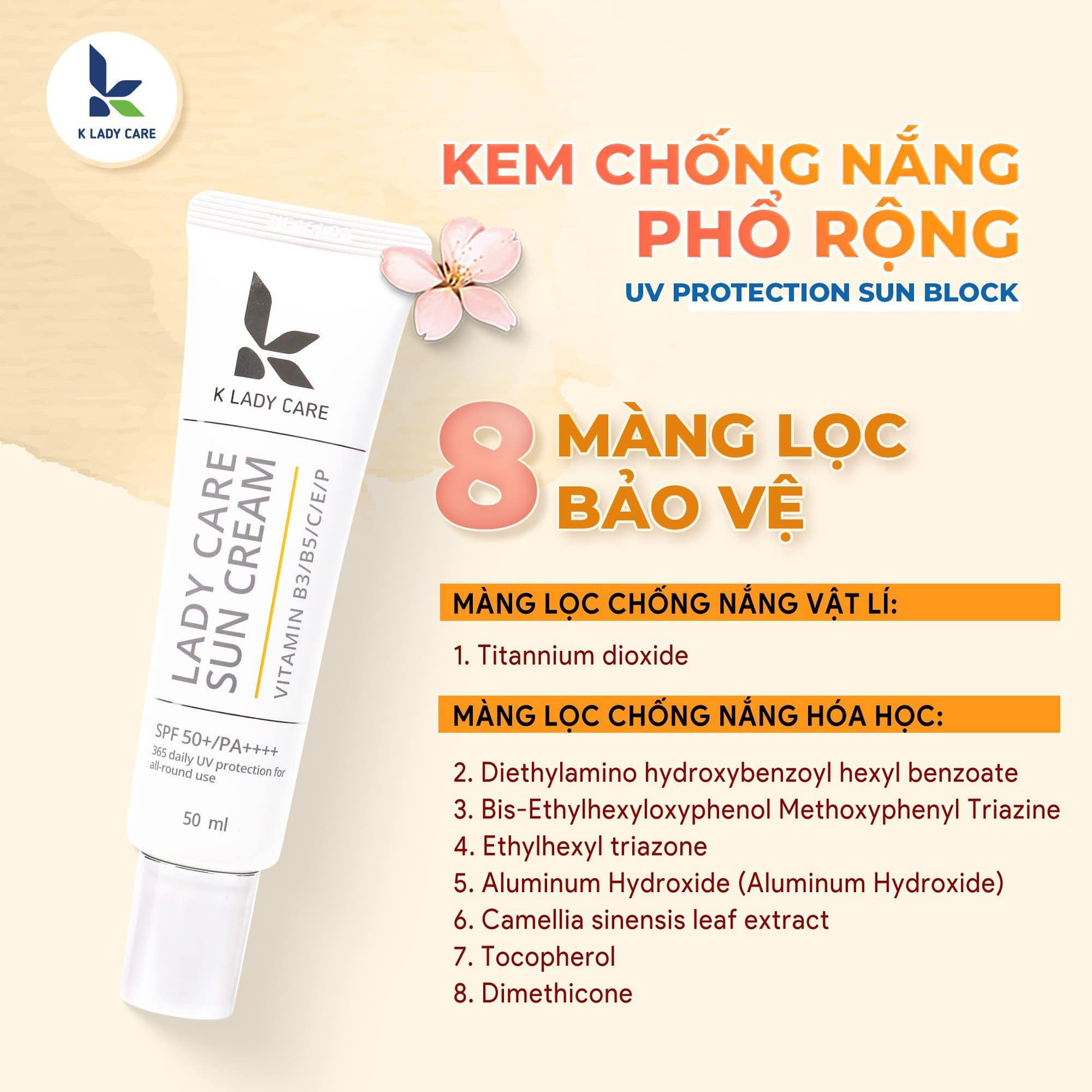 Kem chống nắng k lady care dưỡng trắng, làm sáng, dưỡng ẩm/ spf 50+, pa++++/ mọi loại da vtm b5, b3, c, e/hàn quốc/60ml/ date 2026
