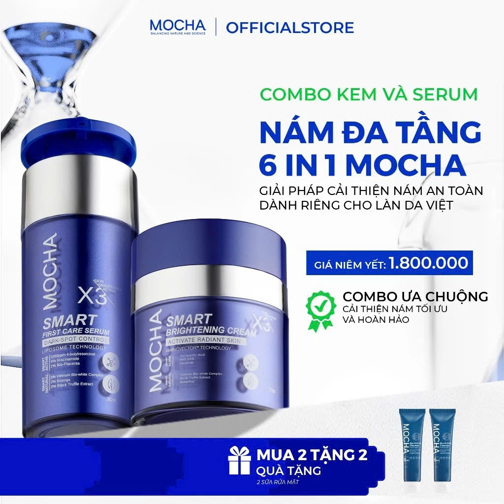 Combo Kem Giảm Sạm Nám Chuyên Sâu Mocha Smart Brightening Cream 30gr Tặng 2 Sữa Rửa Mặt 25ml