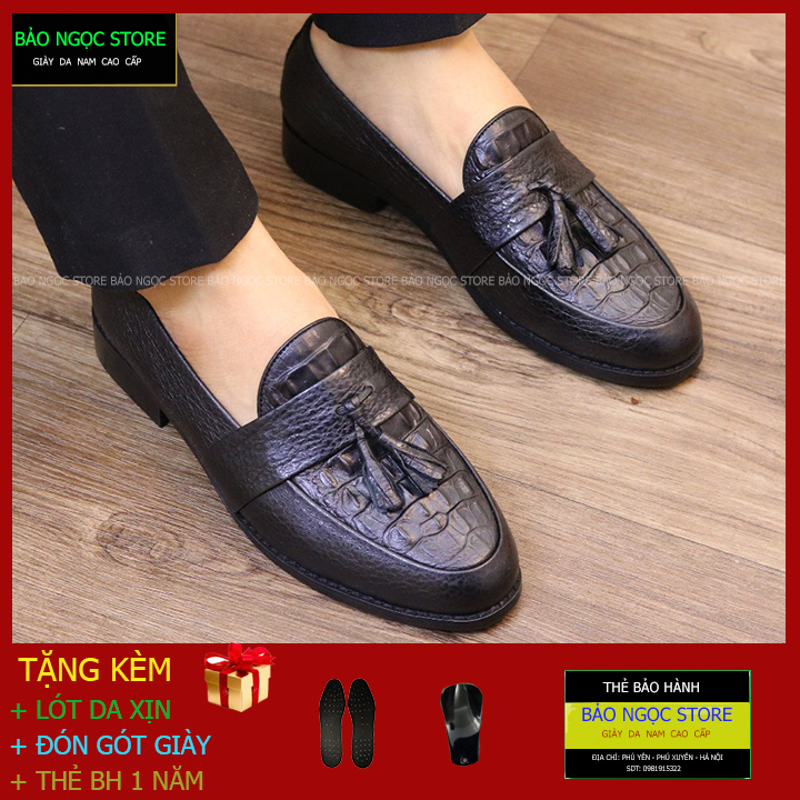 Giày Da Nam Dập Vân Cá Sấu Băng Chuông Thời Trang - Giầy Lười Nam Da Bò 100% - Đế Cao Su Cao 3cm - Mã K12