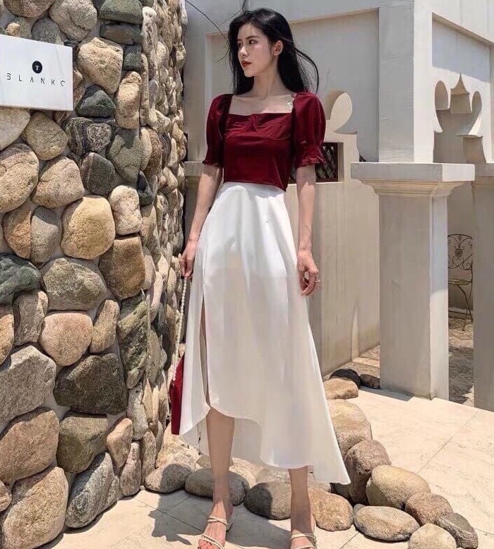 [Mẫu mới]Set Áo Chân Váy Sang Chảnh Chất Liệu Poly Phối Voan Thời Trang HARI