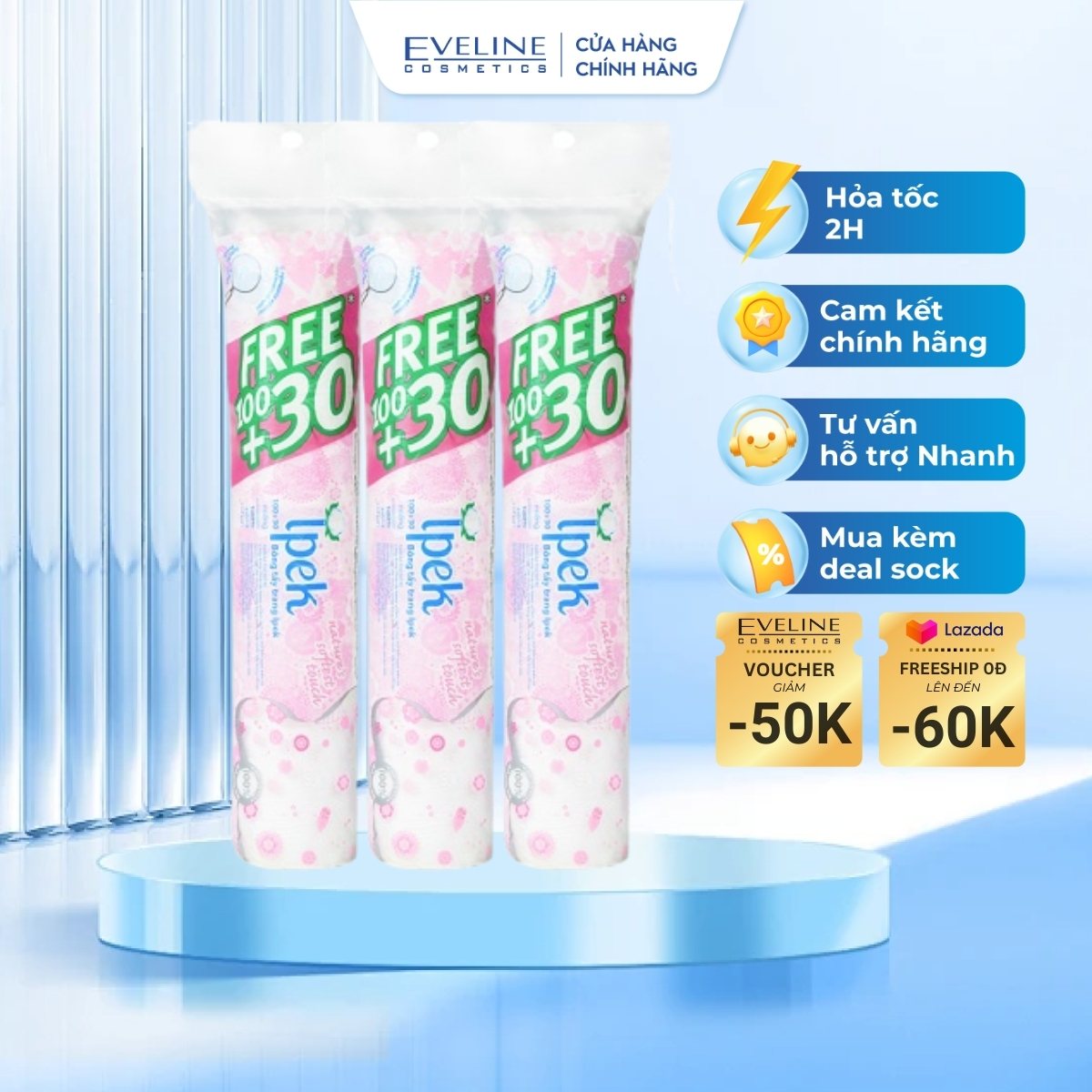 Combo 3 bông tẩy trang Ipek 130 miếng/bịch chính hãng