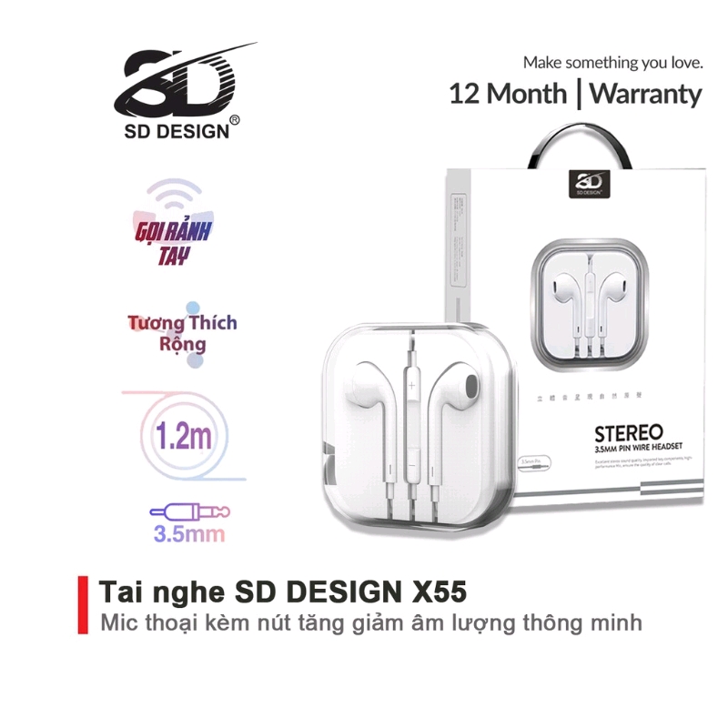 Tai nghe nhét tai SD DESIGN X55 và H6 chính hãng tương thích các dòng điện thoại jack 3.5mm bảo hành Chính Hãng 1 đổi 1