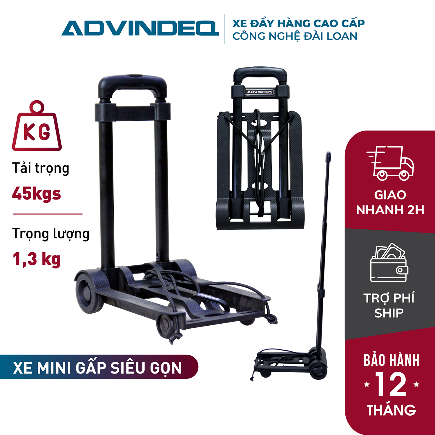Xe kéo hàng mini đi chợ siệu thị gấp gọn nhập khẩu ADVINDEQ HT-MINI01, xe đẩy hàng mini có dây buộc, tay điều chỉnh 2 mức cao thấp , chính hãng bảo hành 1 năm