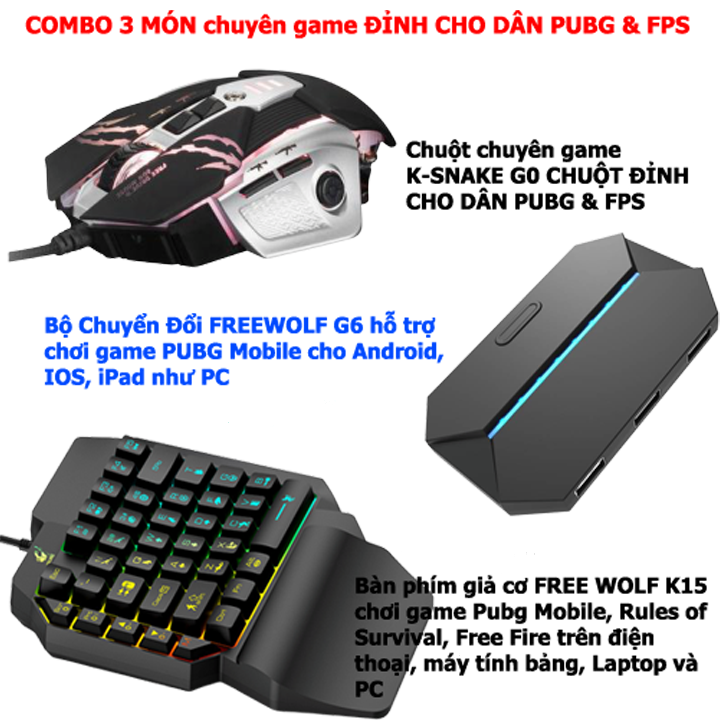 COMBO Bàn phím giả cơ FREE WOLF K15 và Bộ Chuyển Đổi FREEWOLF G6 + Chuột chuyên game K-SNAKE G0 BF00139