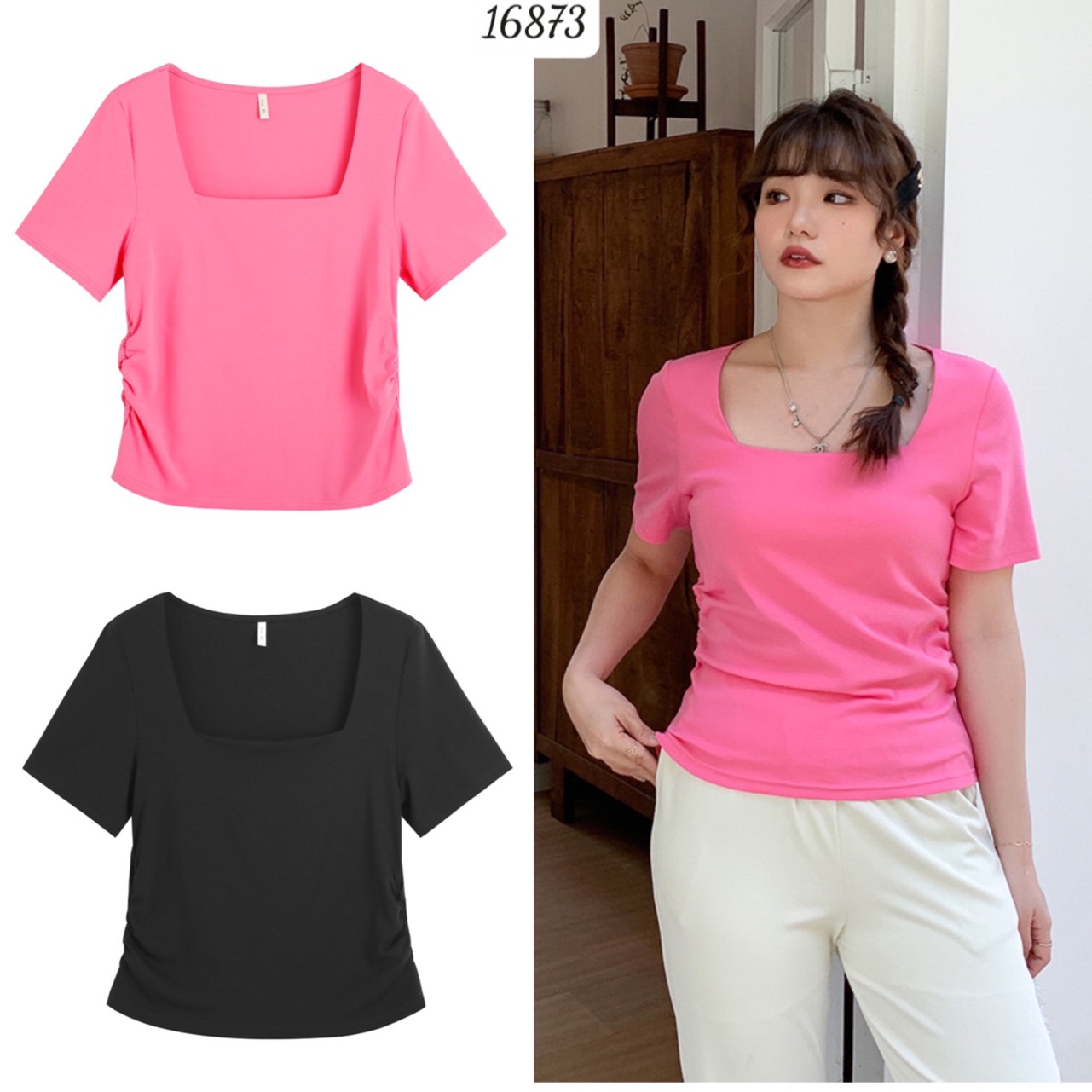 Áo kiểu bigsize cổ vuông trơn nhúng 16873
