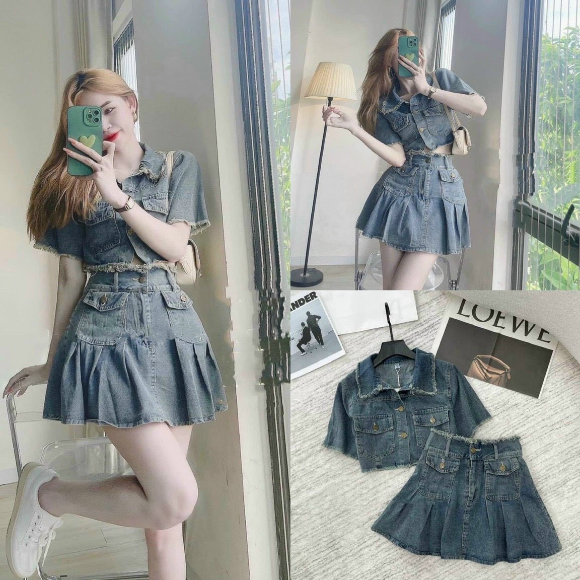 Set jean áo lửng sơ mi tua rua chân váy xếp ly phối túi m4235
