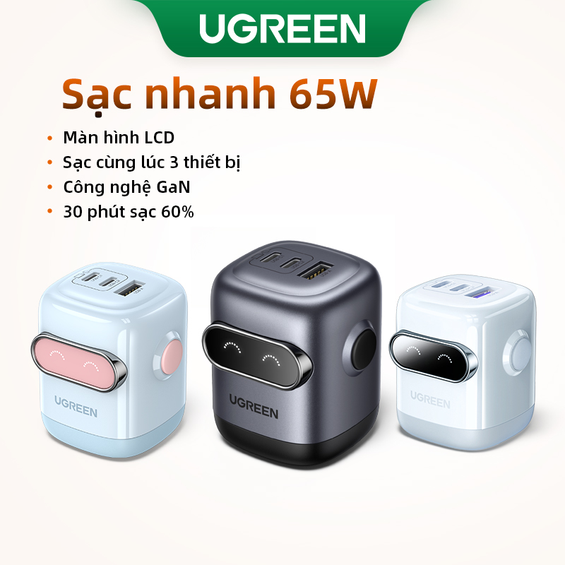 UGREEN Uno RoboGaN Củ Sạc nhanh 65W 30W USB-C Fast Charger RG2 3-Port Foldable Fast Charger for iPhone16 15 14 13 Pro max iPad Laptop SAMSUNG S24 Ultra Foldable Wall Charger Original Model:45001
