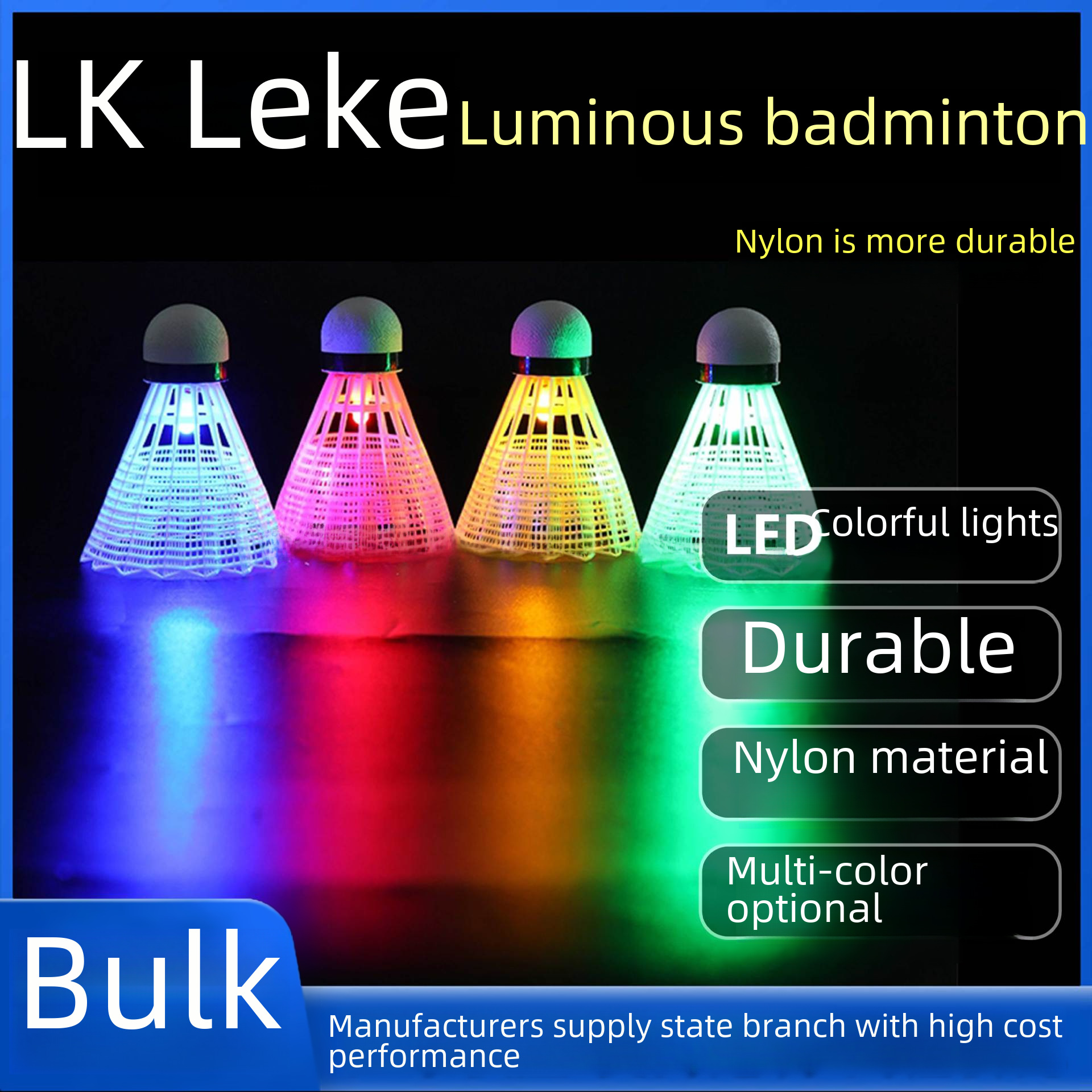Nhà sản xuất cầu lông phát sáng COD Leke hiện có sẵn số lượng lớn với bóng nhựa nylon bền và phát sáng LED ban đêm.
