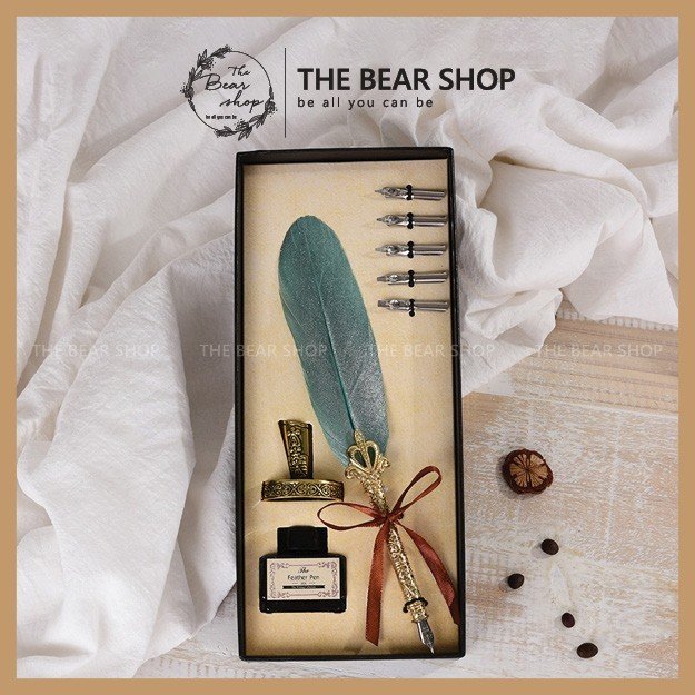 Bộ bút máy chấm mực gắn lông vũ phong cách vintage cổ điển - The Bear Shop