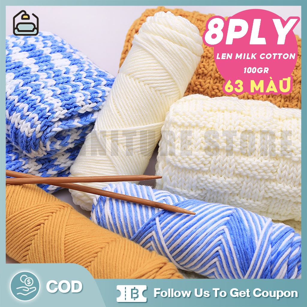 IFS Len Cotton Love Cuộn 8Ply 100gr Sợi Bao Gồm 63 Màu Dùng Để Thêu Tranh Len Nổi Punch Needle, Móc Khăn Mũ