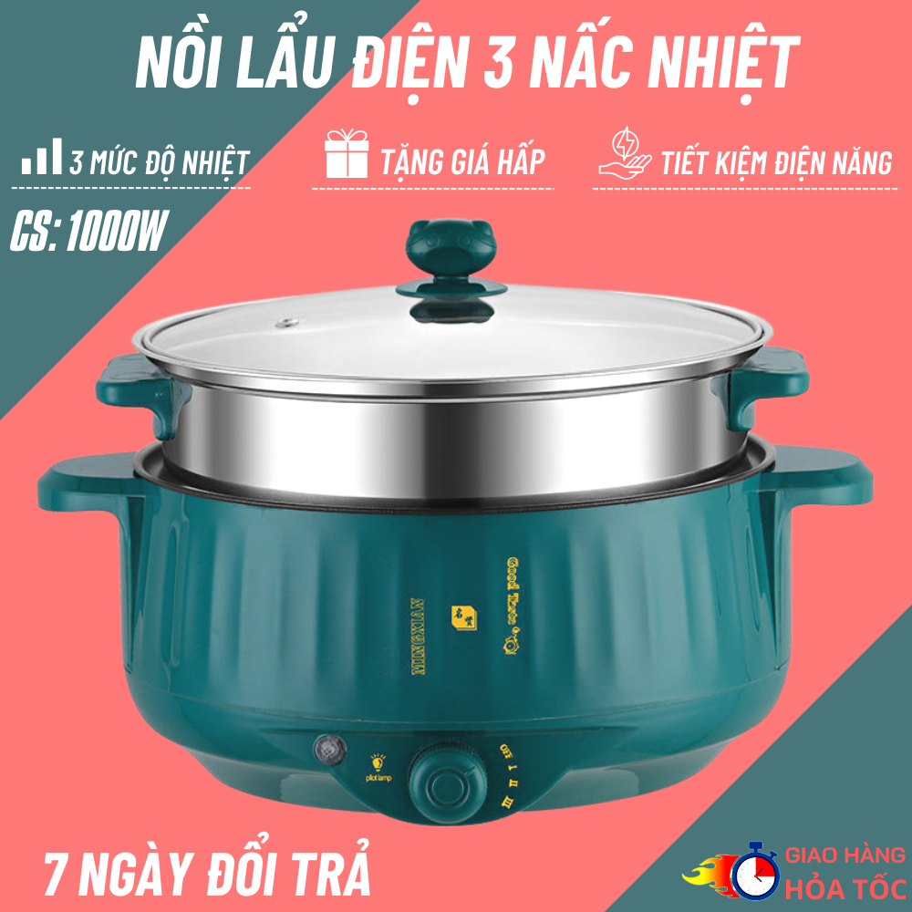 Nồi Lẩu Điện 26CM-28CM 3 Nấc Nhiệt, Công Suất 1000W, Chống Dính Vân Đá Cao Cấp - Bếp Lẩu Gia Đình Kèm Giá Hấp BẢO HÀNH 12 THÁNG - Click_Buy