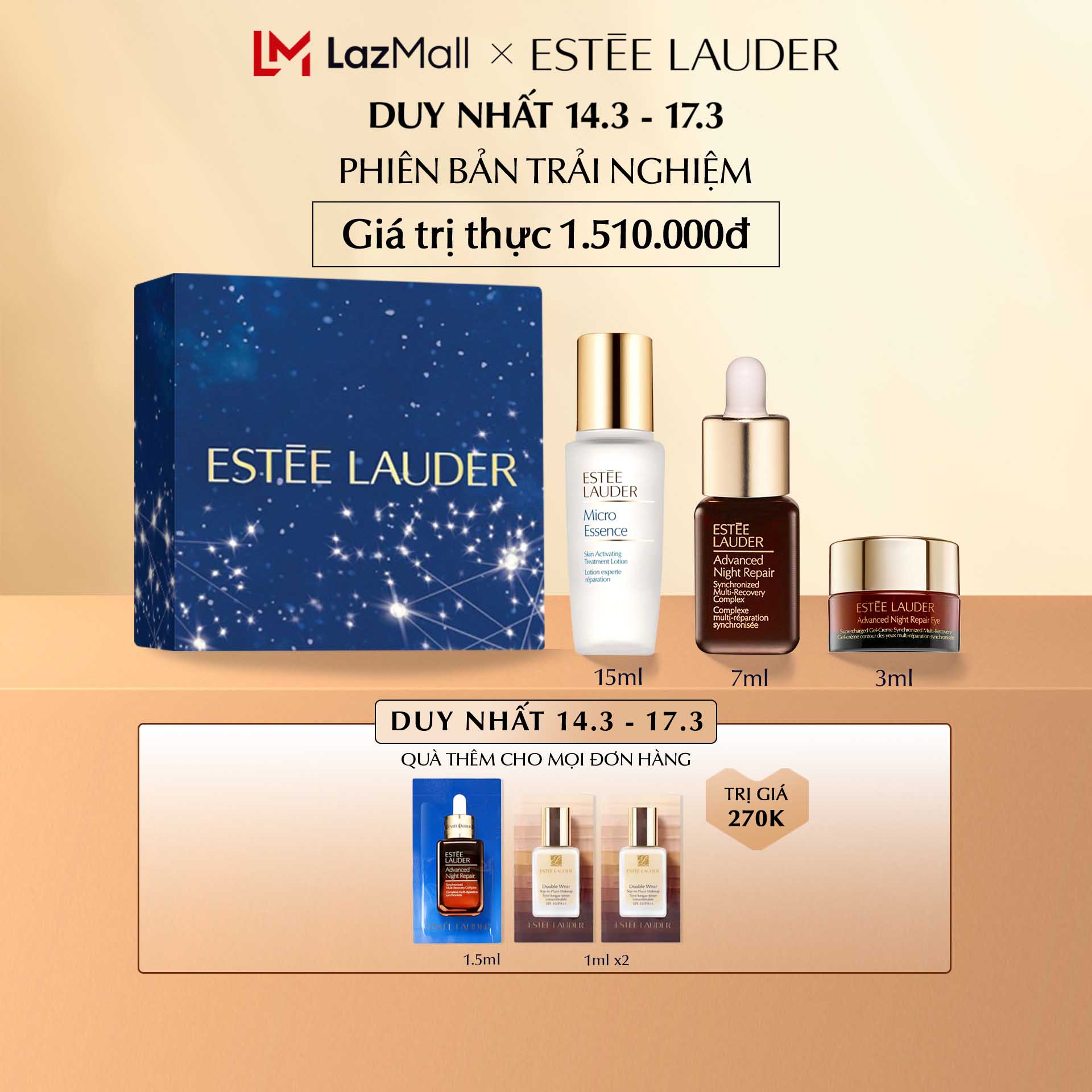 Estee Lauder Set 3 pcs skincare: Advanced Night Repair Synchronized Multi-Recovery Complex - Serum 7ml, Oculus 3ML, Micro Essence 15ml