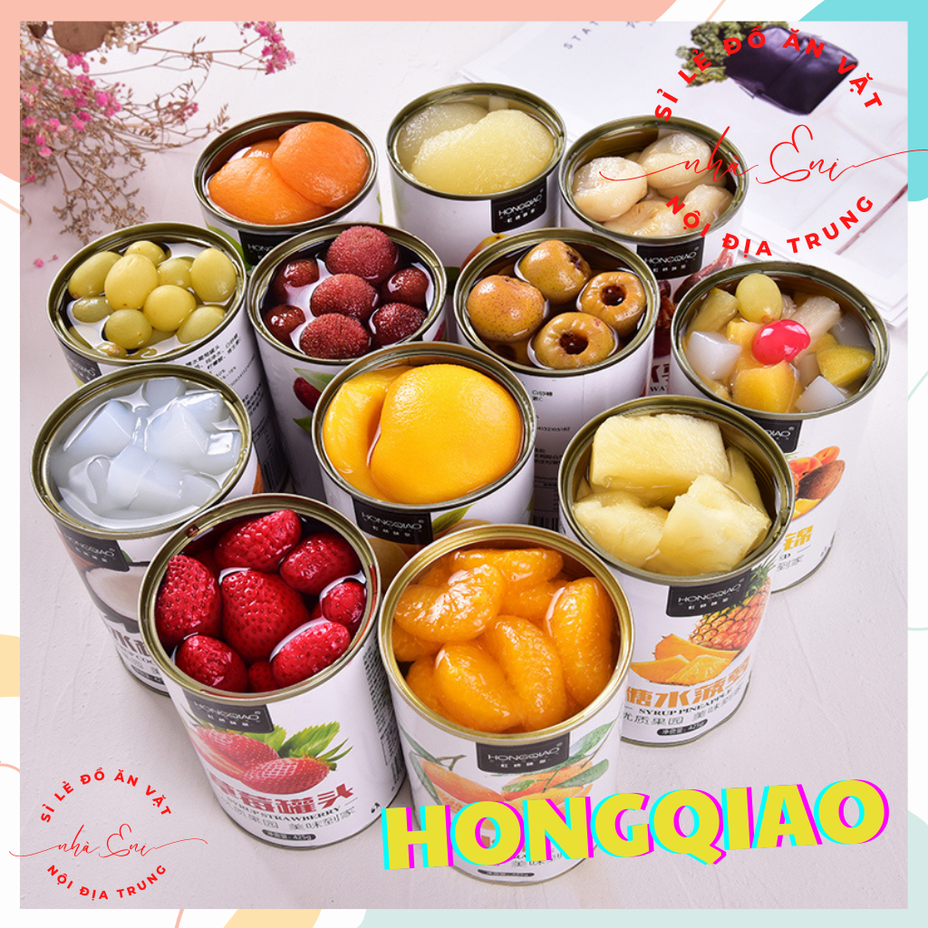 Hoa quả ngâm, trái cây đóng hộp HONGQIAO Đào, cam, táo, lê, nho, dâu thập cẩm đóng hộp Syrup các loại lon 425gr nguyên liệu trà đào