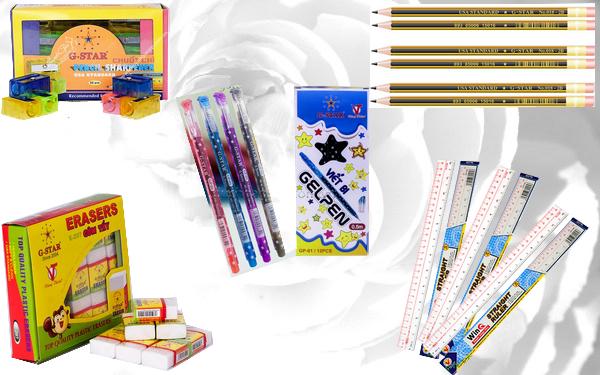 Bộ dùng cụ đi học combo 5 món ( 12 cây viết chì, 30 cục gôm, 12 cây viết gel màu tím, 32 cái chuốt, 10 cây thước dẻo 20cm ) cao cấp