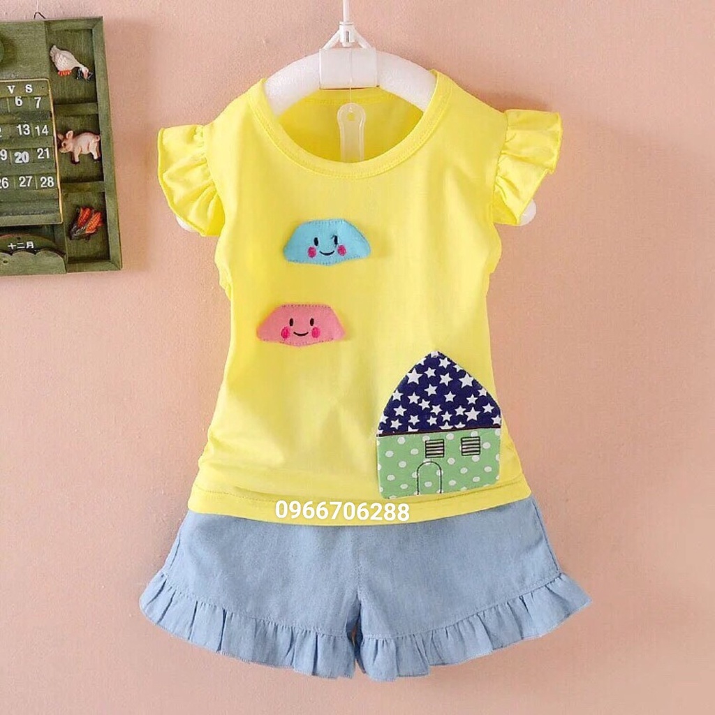Bộ đồ thun cotton 4 chiều bé gái size 5-19kg-nhà vàng
