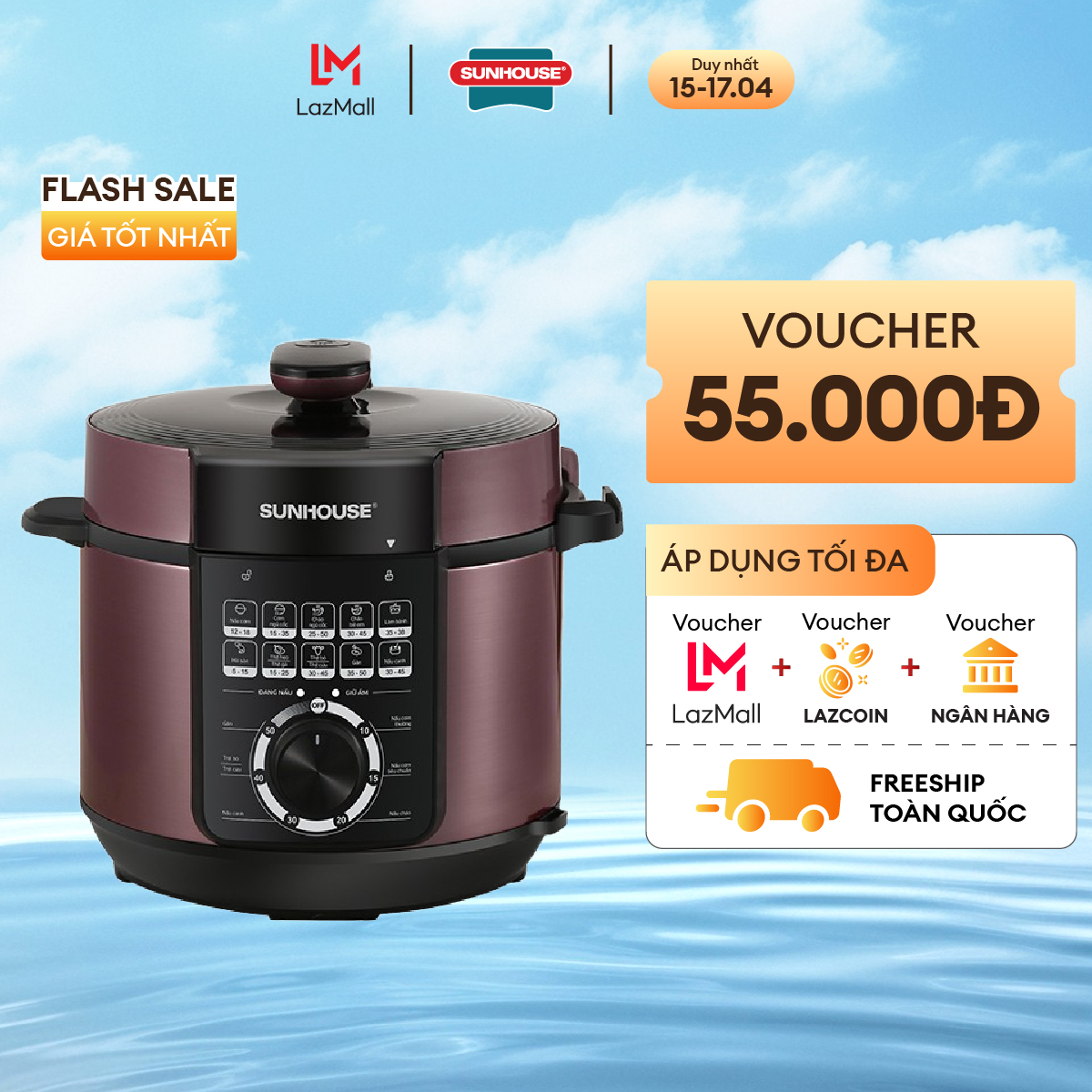 Nồi áp suất điện SUNHOUSE SHD1657 đa năng  6L - Công suất 1000W -  Bảo hành 12 tháng - Hàng Chính Hãng