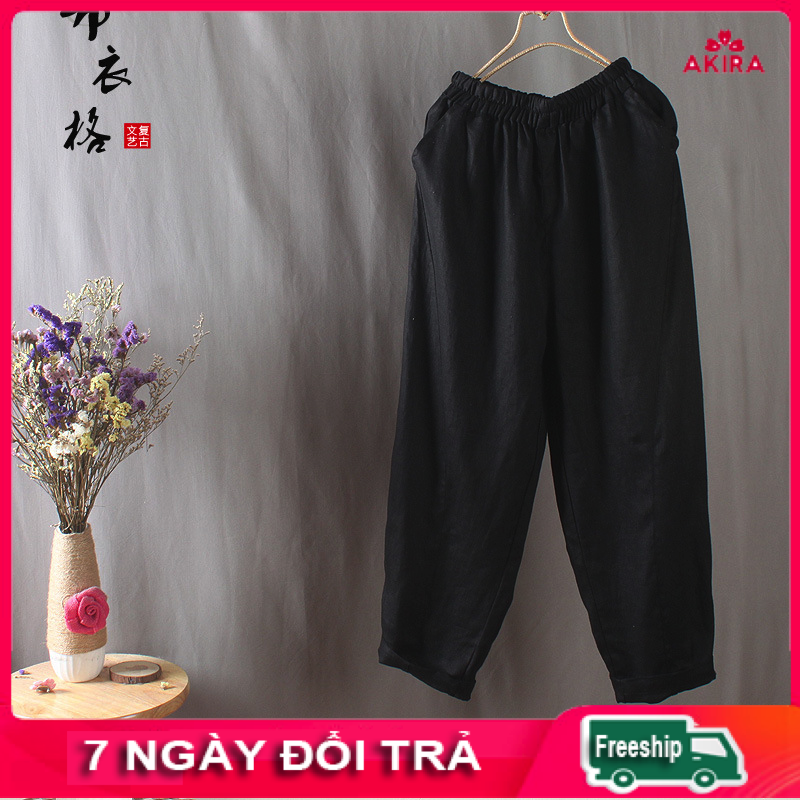 Quần dài nữ trung niên lưng thun vải Linen trơn cao cấp - Quần Linen Nữ Dài Lưng Thun Form Rộng - Thời Trang Phong Cách Nhật - Morigirl Vintage