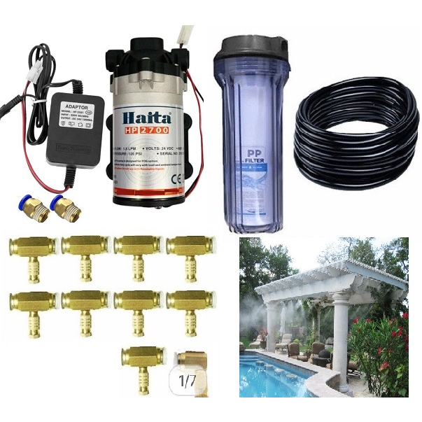 Combo hệ thống phun sương làm mát quán ăn, cafe gồm đủ phụ kiện, máy bơm kèm đủ phụ kiện - Bảo hành 6 tháng