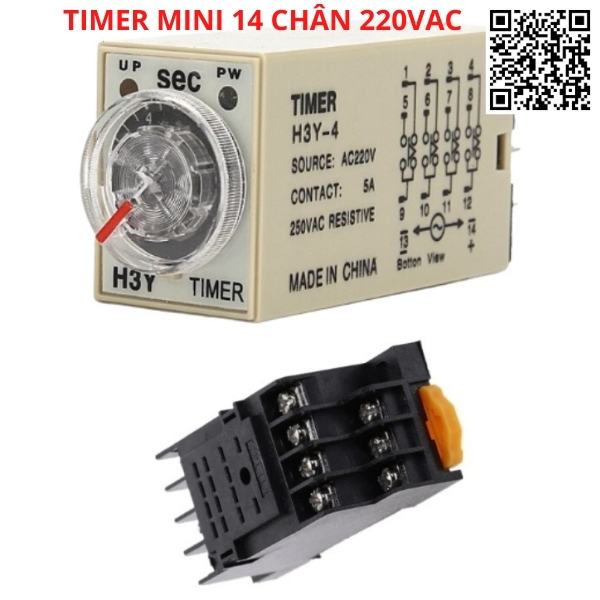 Timer hẹn giờ H3Y-4 relay mini thời gian, công tắc hẹn giờ tự động 14 chân điện áp 220VAC tặng kèm chân đế PYF14A