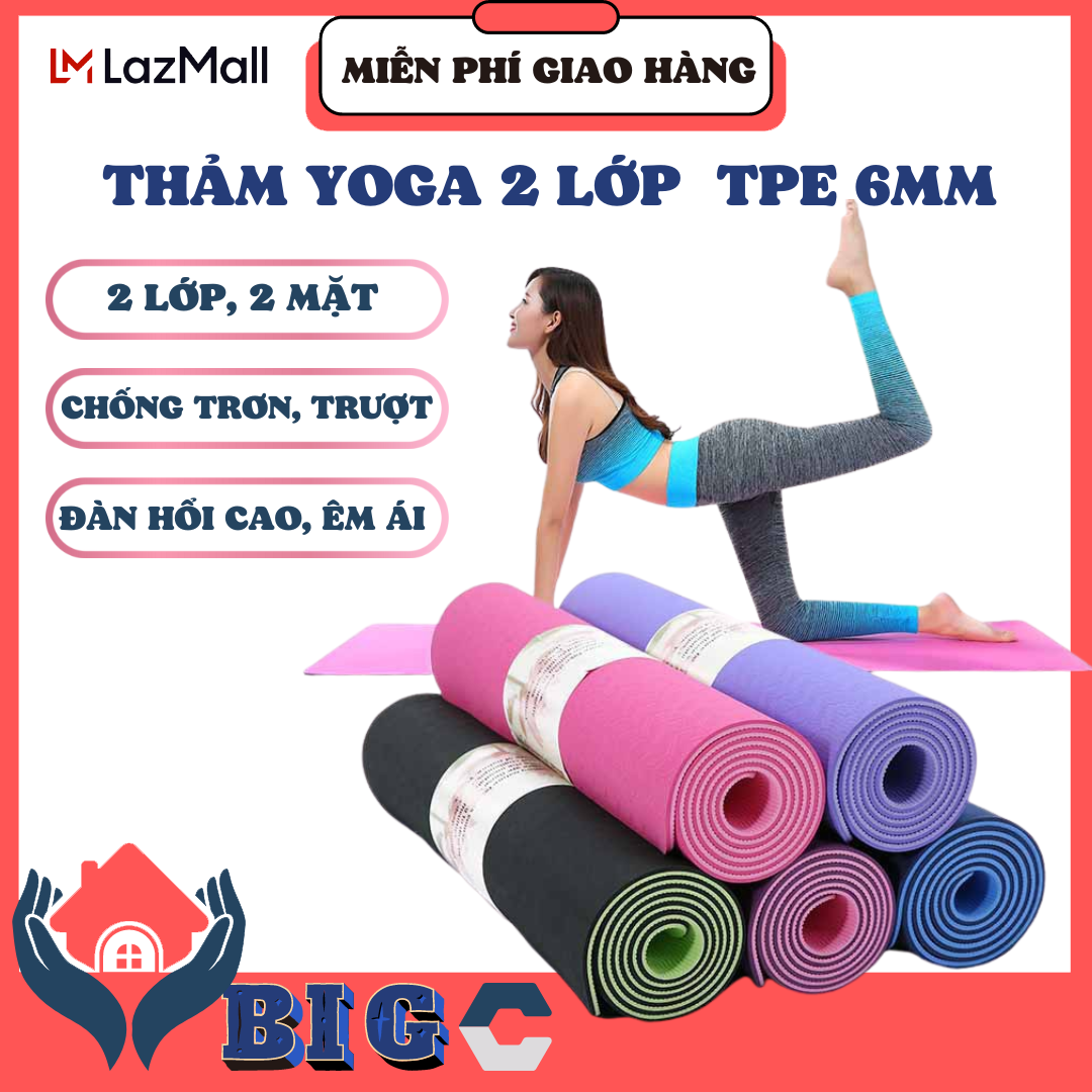 Thảm tập Yoga, Thảm tập Gym, thảm tập thể dục TLC 2 lớp siêu bền chống trơn trượt làm bằng cao su non êm ái loại 1 nhiều màu