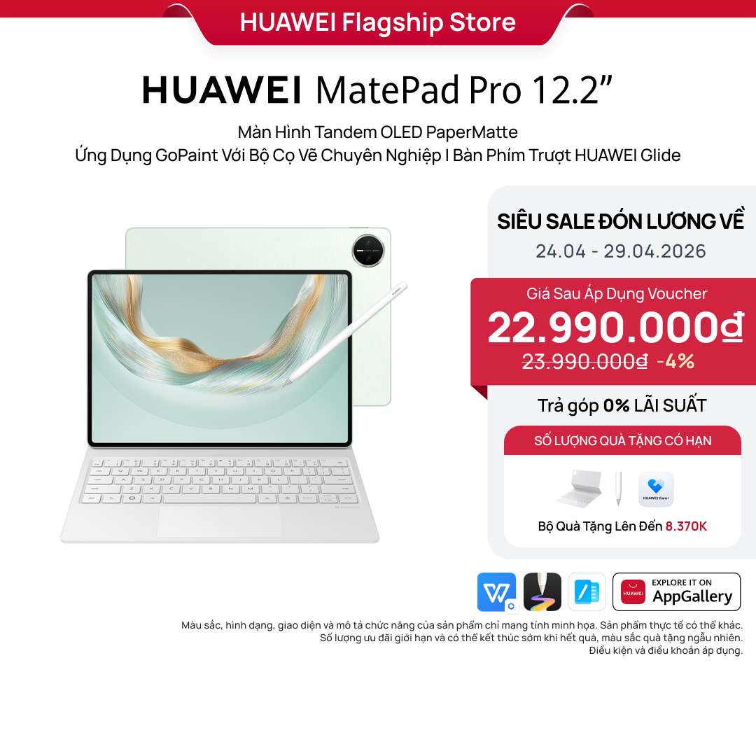 Máy tính bảng HUAWEI Matepad Pro 12.2" 2025 | Màn Hình Tandem OLED PaperMatte | Ứng Dụng GoPaint Với Bộ Cọ Vẽ Chuyên Nghiệp | Bàn Phím Trượt HUAWEI Glide