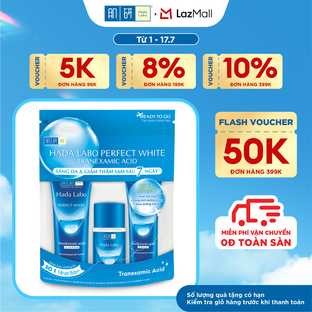 Bộ travel size dưỡng trắng Hada Labo Perfect White Tranexamic Acid Travel Set (Kem rửa mặt 15g+Dung dịch dưỡng 20ml+Kem dưỡng 12g)
