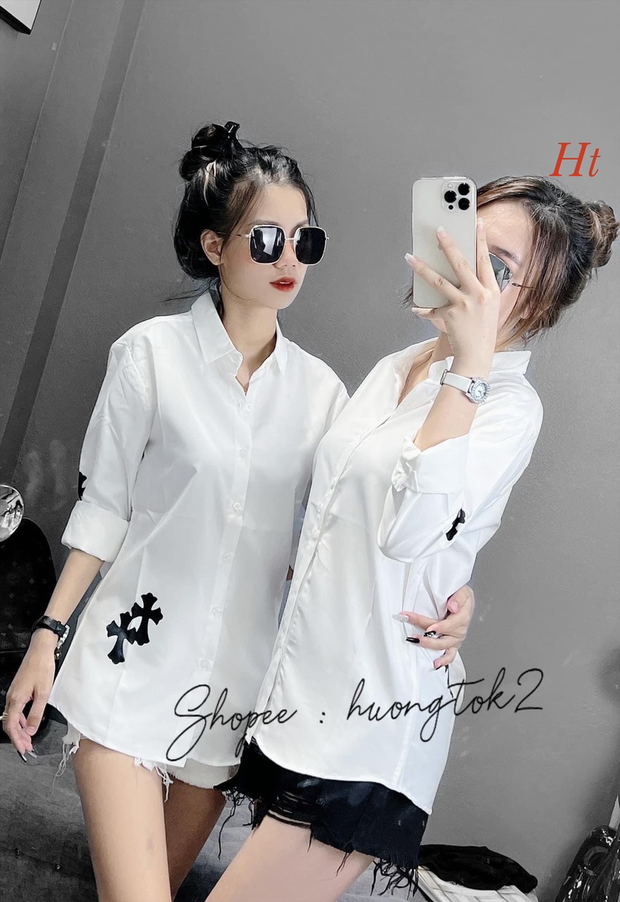 Áo sơ mi dài tay chữ thập đôi Chất liệu: thô lụa màu: trắng