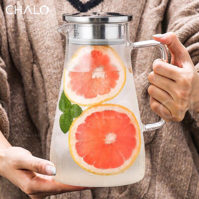 Bình trà thuỷ tinh quai vuông nắp inox 1400ml, binh thuỷ tinh pha trà, bình thuỷ tinh pha nước detox, bình nước đa năng