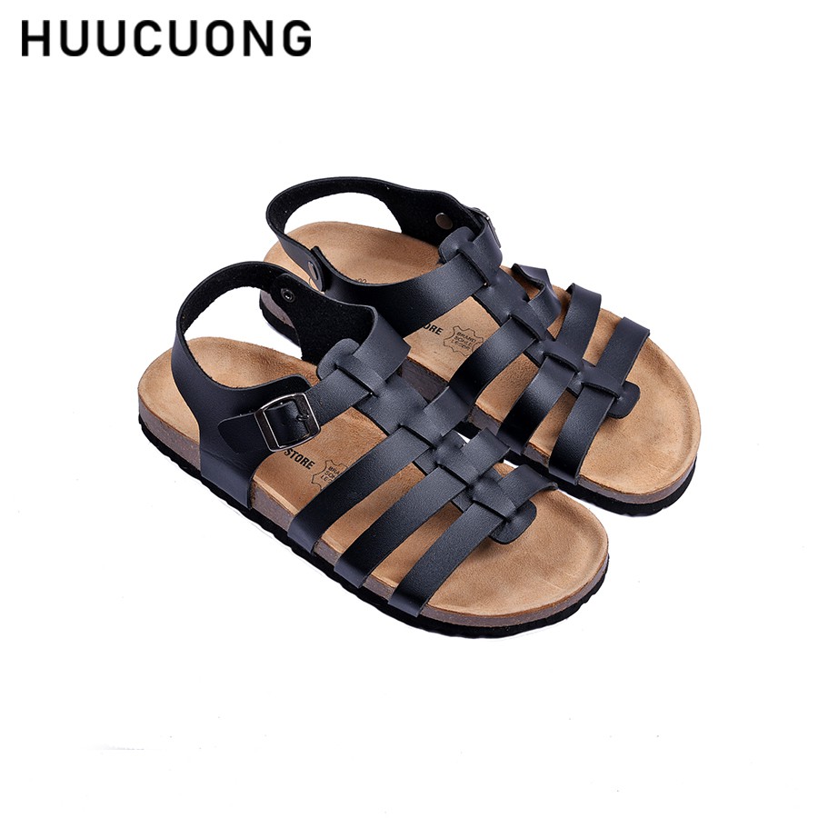 Sandal Unisex HuuCuong chiến binh đen đế trấu handmade