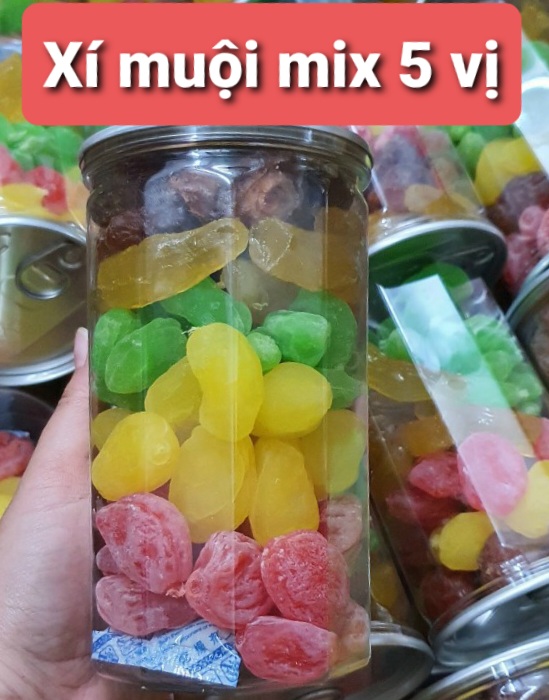 (MIỄN SHIP 20K) XÍ MUỘI MIX 5 VỊ: oliu vàng, đào chẻ, oliu hồng, oliu xanh, khoai sâm dẻo - Hộp 500gr