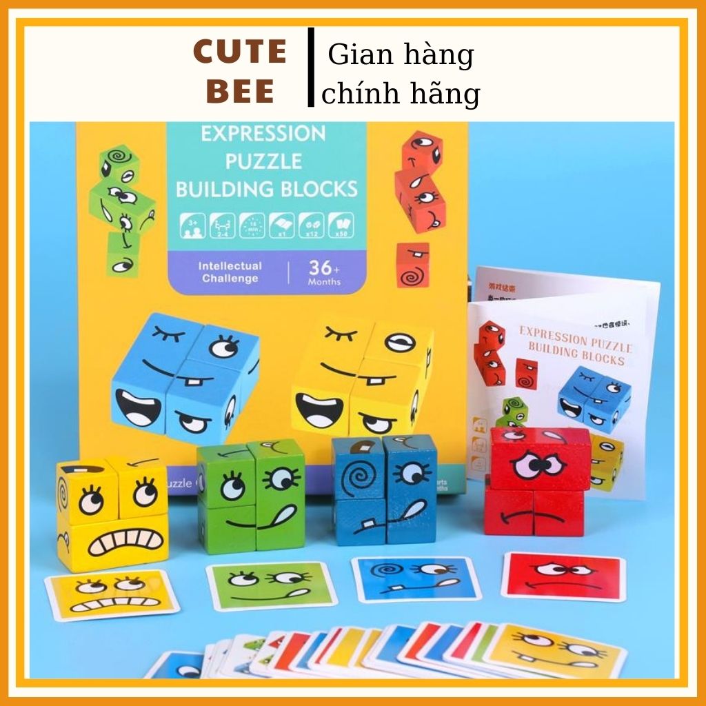 Bộ đồ chơi Montessori 3D xếp hình biểu cảm khuôn mặt theo thẻ - Mẫu hộp vàng cao cấp