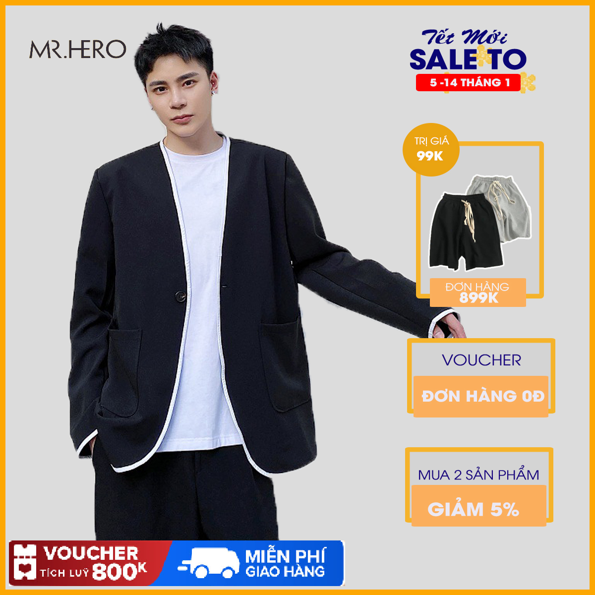 Áo blazer không cổ viền trắng dài tay hai lớp dáng rộng combo kèm quần âu phong cách Hàn Quốc BZ13 Mrhero