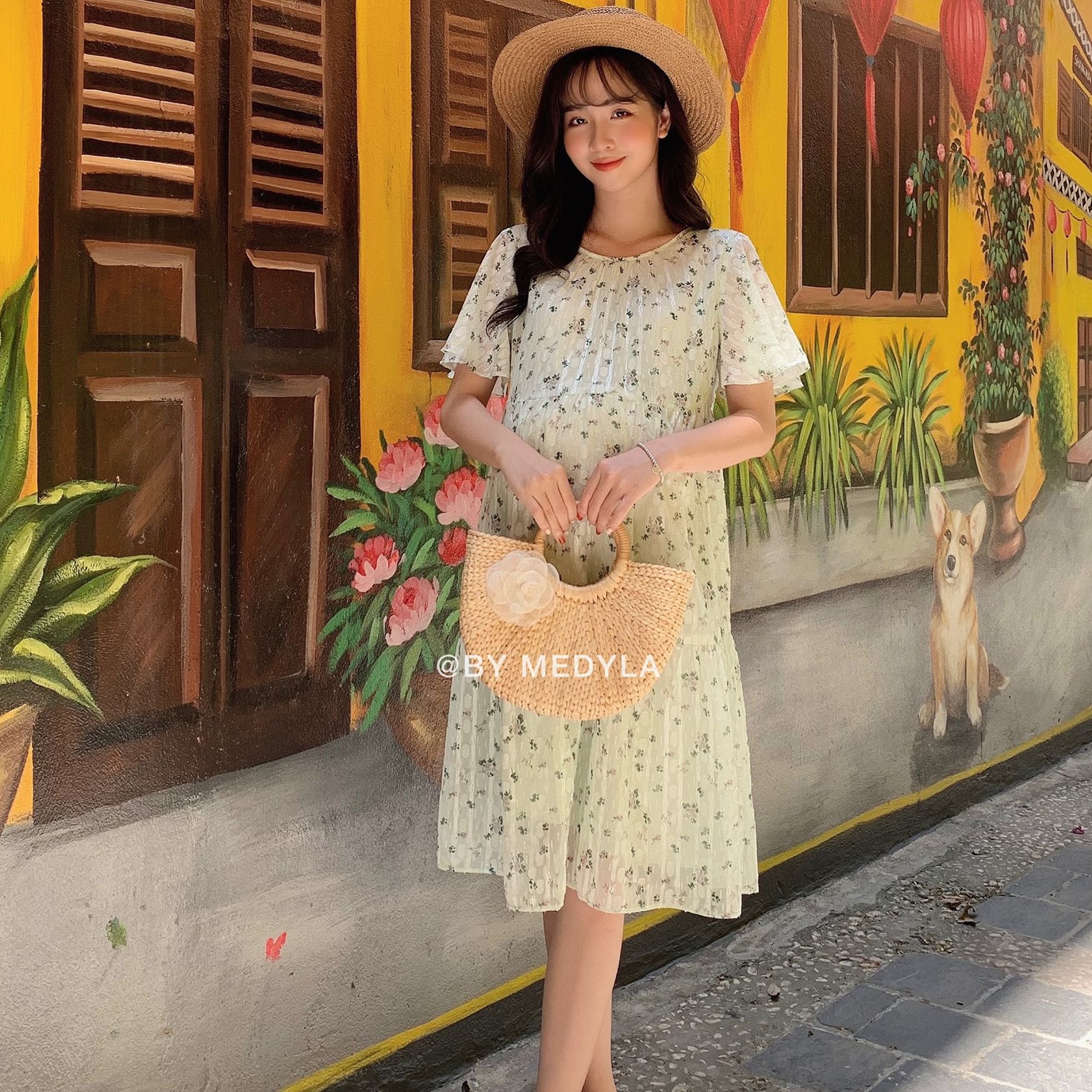 Đầm bầu công sở dự tiệc thiết kế Medyla - Váy bầu mùa hè xinh thiết kế tơ ép hoa nhí cho bầu đi chơi du lịch - VS822