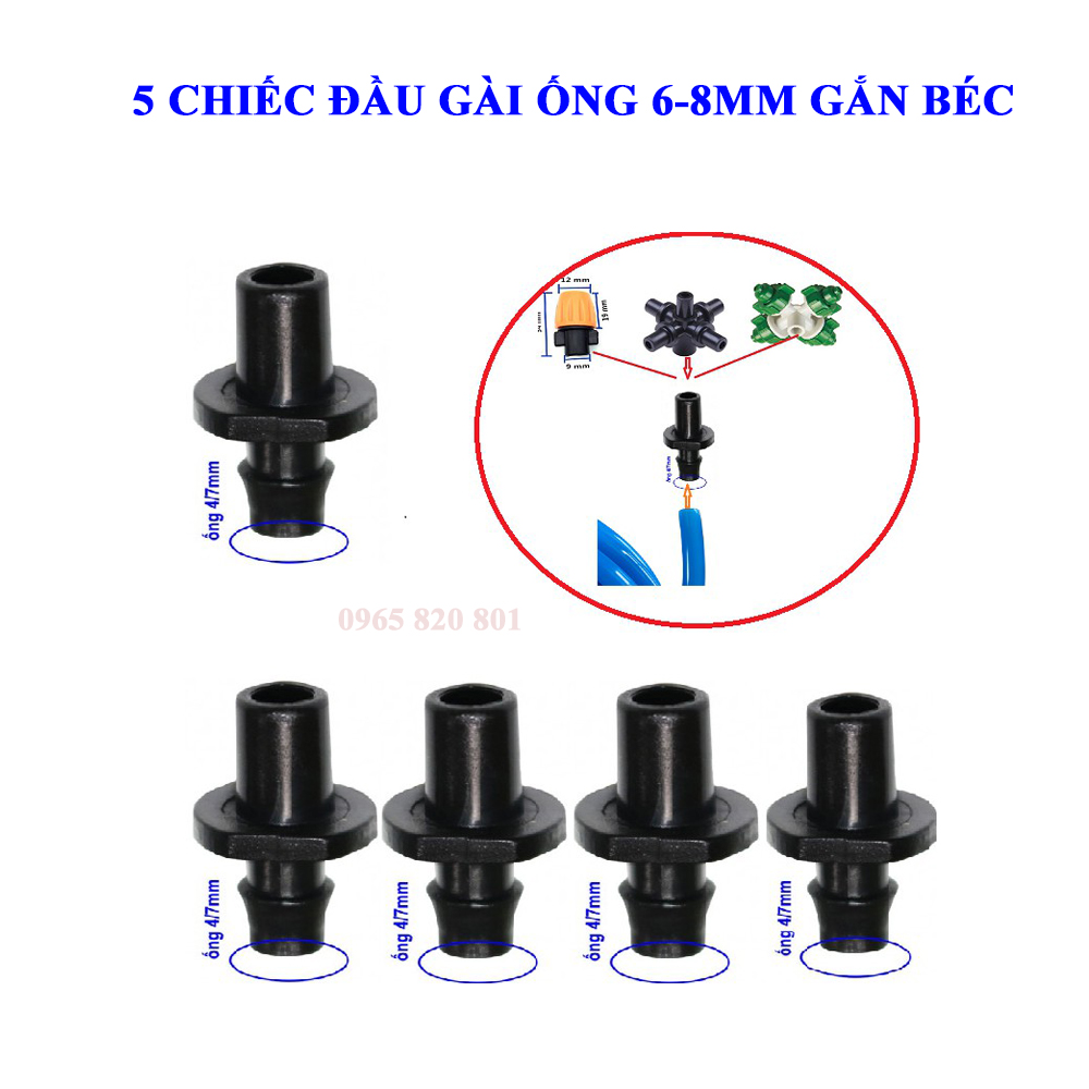 Sét 5 đầu khởi thuỷ nối 1 đầu ngạnh 6mm để lắp ráp vòi phun sương nhựa