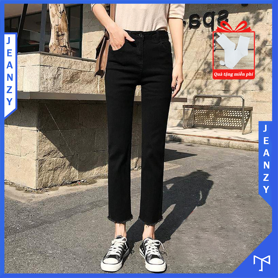 Quần jean ống đứng nữ kiểu quần jeans lưng cao màu đen cắt gấu tua lai basic JEAN ZY