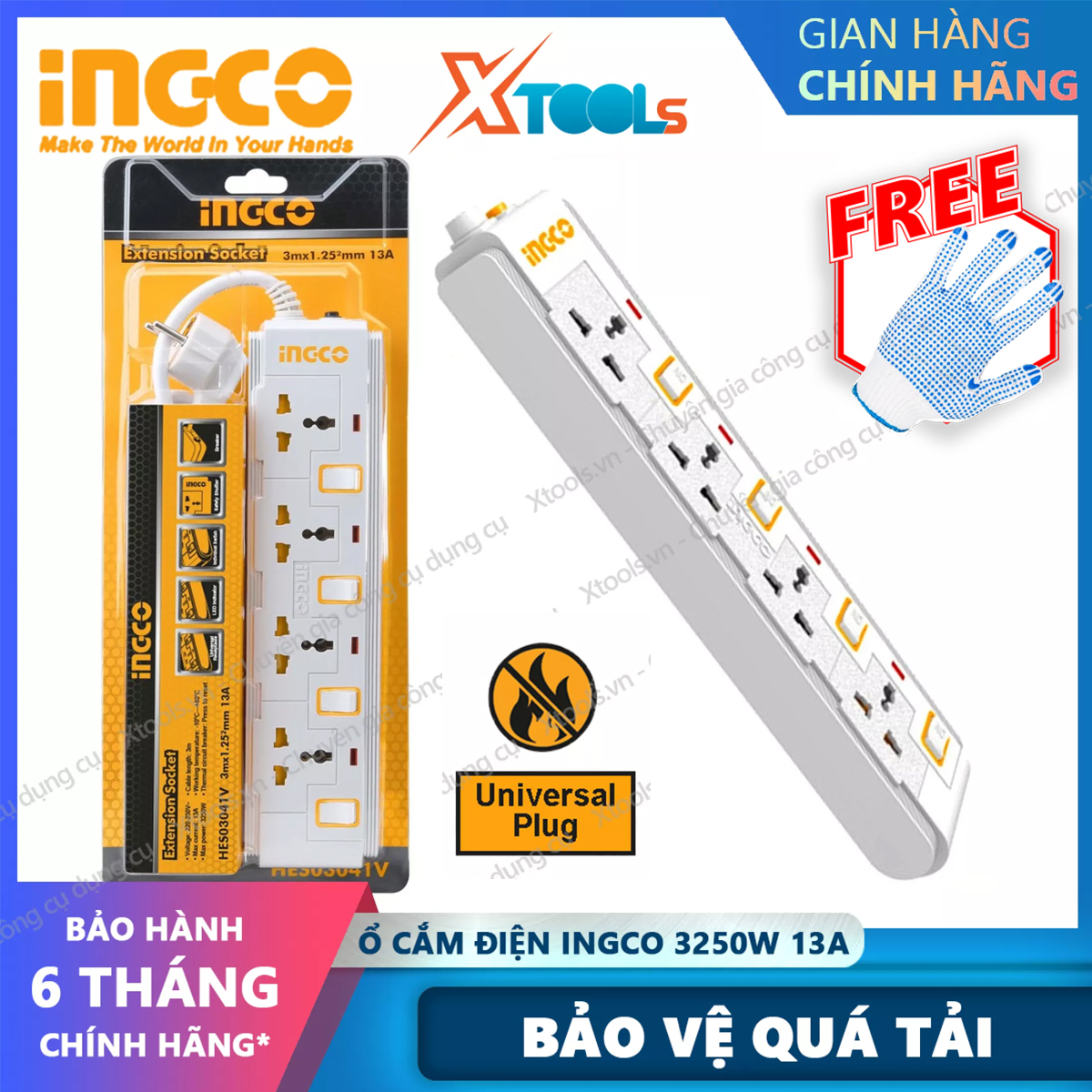 Ổ cắm điện đa năng thông minh ingco hes03041v 4 ổ cắm công tắc riêng 13a chịu tải 3250w dây đồng 3m chống cháy, quá tải, chống giật