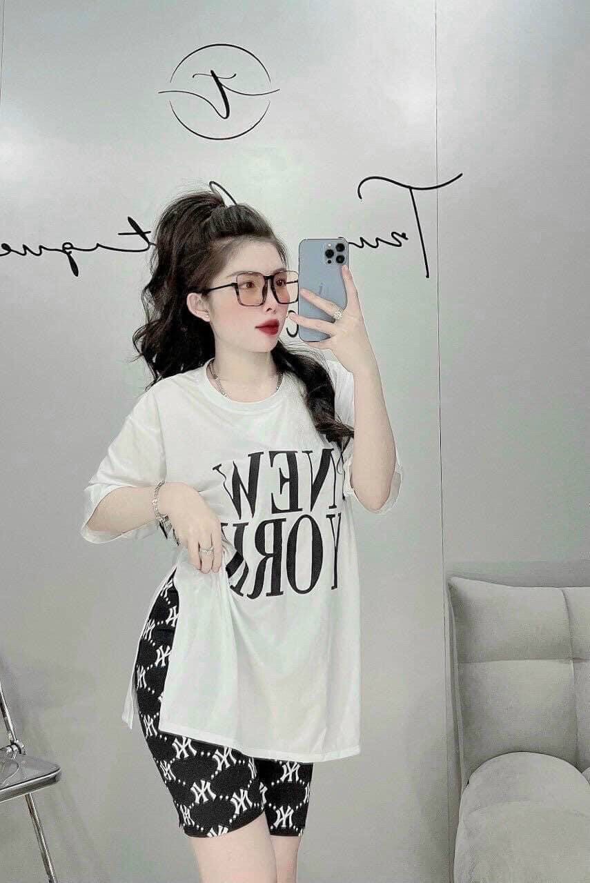   Voucher 50k Freeship Max 0 đồng toàn quốc Set bộ thun ngố NEW YORK áo thun xẻ tà cổ tròn quần ngố ôm in logo đồ bộ thun nữ đơn giản set thun mặc đi chơi đồ bộ thun mặc ở nhà 