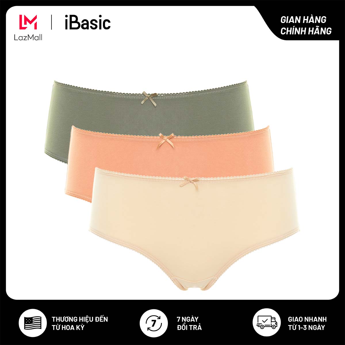 Set 3 quần lót nữ lưng cao trơn cotton iBasic PANW147