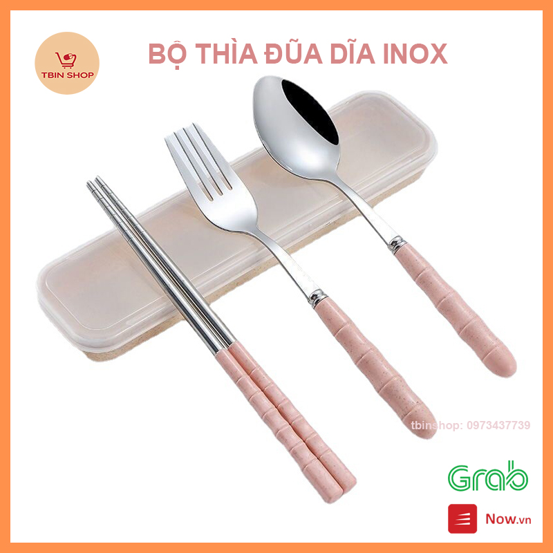 Bộ thìa đũa dĩa inox cán lúa mạch - hộp nhựa lúa mạch