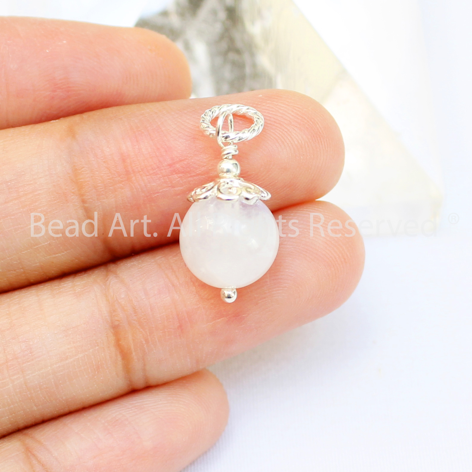 Mặt dây chuyền đá mặt trăng ánh cầu vồng thiên nhiên và bạc 925, phong thuỷ, mệnh kim, thủy