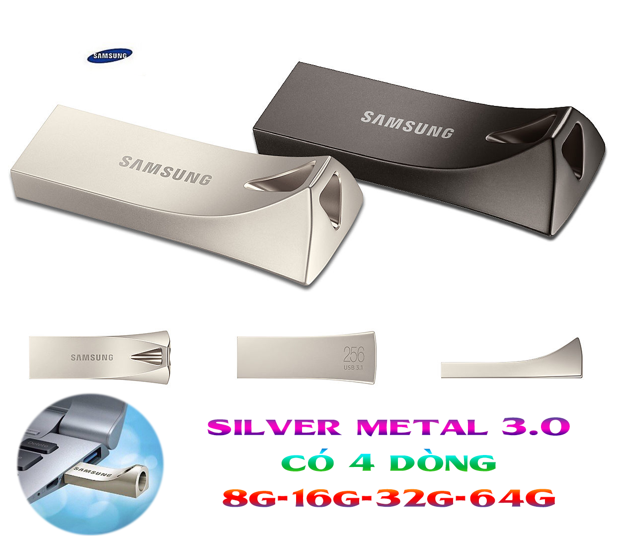 Usb 3.0 samsung - 8gb, 16gb, 32gb, 64gb bạc, kim loại pendrive mẫu mới silver metal pendrive
