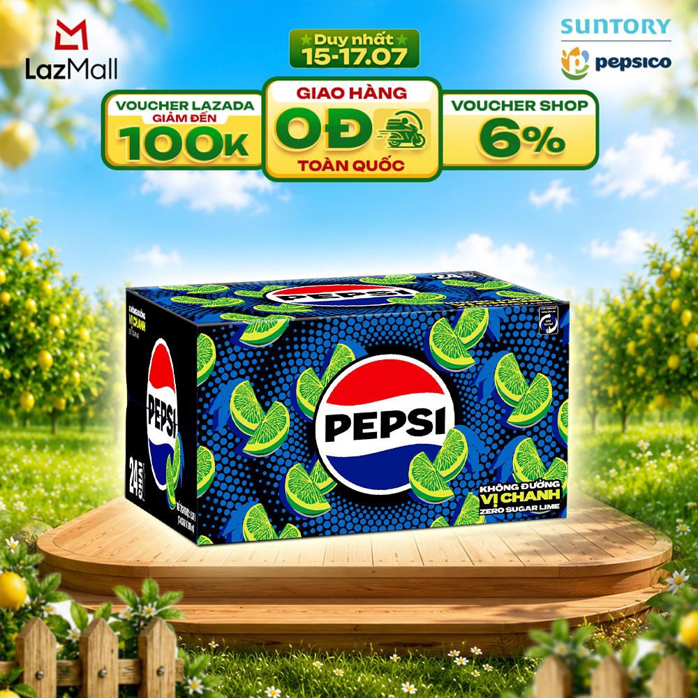 [SALE 15.7] Thùng 24 Chai Nước Ngọt Giải Khát Có Gaz Pepsi Vị Chanh Không Calo, Không Đường (390ml /chai)