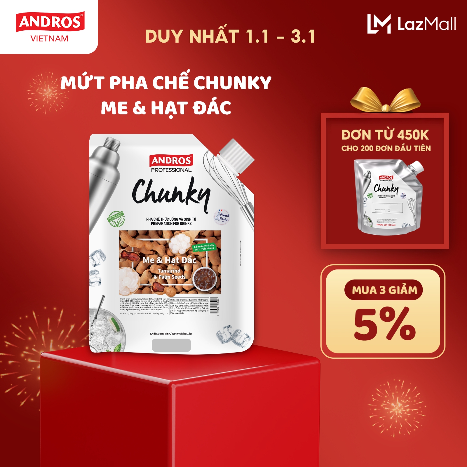 Mứt Pha Chế Me & Hạt Đác - Có Miếng Trái Cây Thật - Nguyên liệu pha chế - ANDROS CHUNKY - 1KG