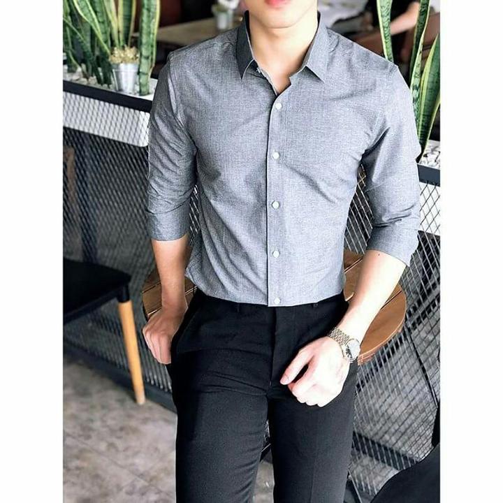 Áo sơ mi nam cổ bẻ màu ghi sáng