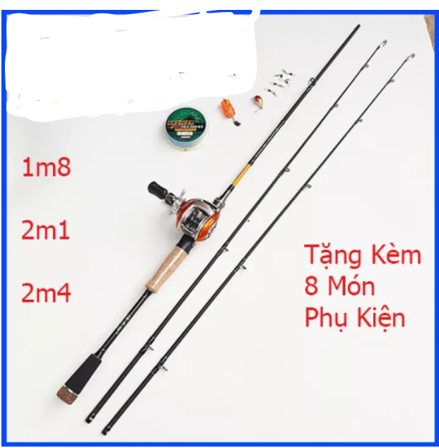 Bộ cần câu lure máy ngang cán gỗ, bo can cau lure may ngang gia re tron bo, đủ size; 1m8, 2m1, 2m4 và máy lv201 size 2m4