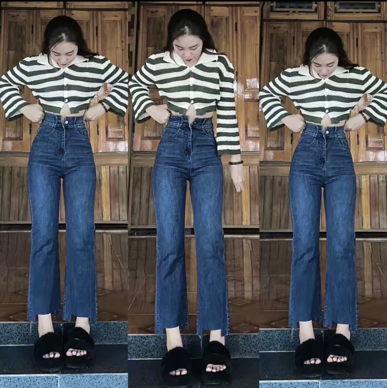 Quần Ống Đứng gấu kiểu cạp cao  co giãn 4 chiều  Chất Jeans Bò Cạp Cao Tôn Dáng Siêu Đẹp