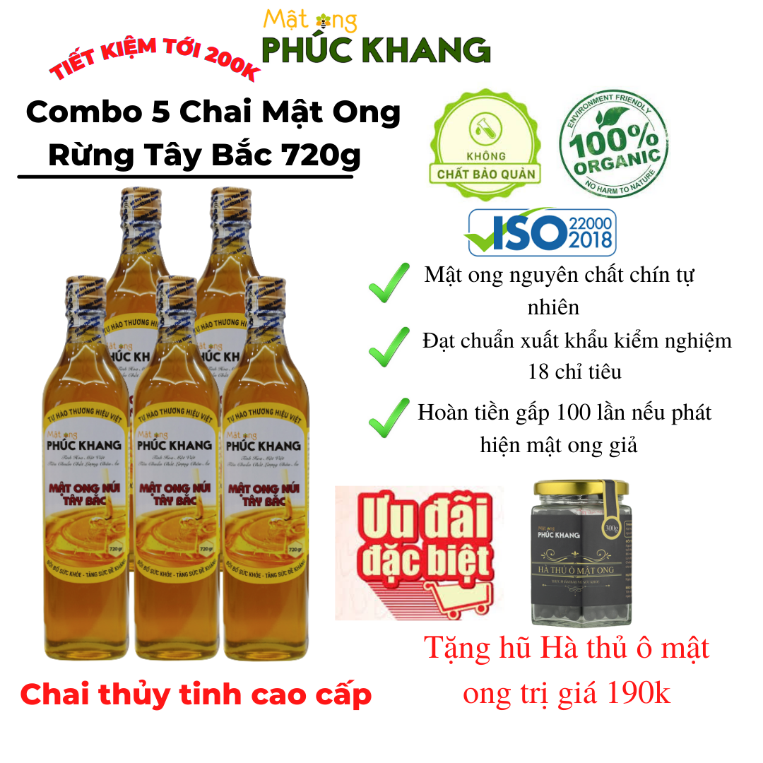 Mật ong Phúc Khang - Combo 5 chai mật ong rừng tây bắc Phúc Khang 720g