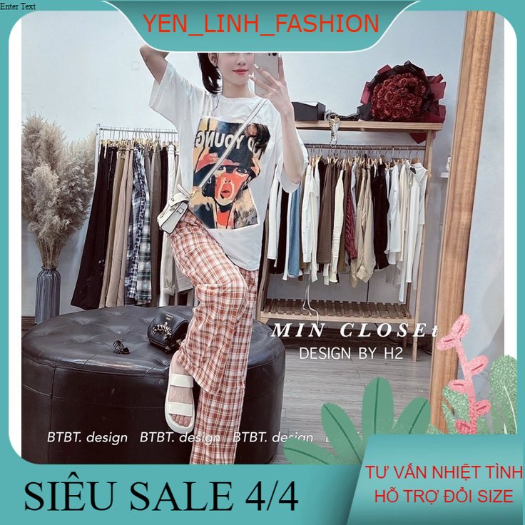 Set áo phông cô gái mix quần suông caro cam hot hit